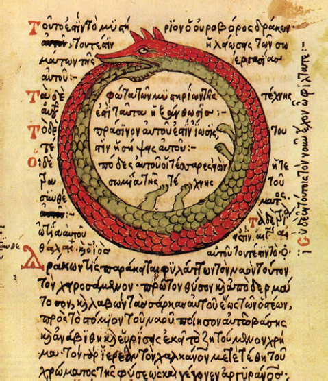 Ouroboros, from Folio 196 of Codex Parisinus Graecus 2327 (c. 1478 CE)